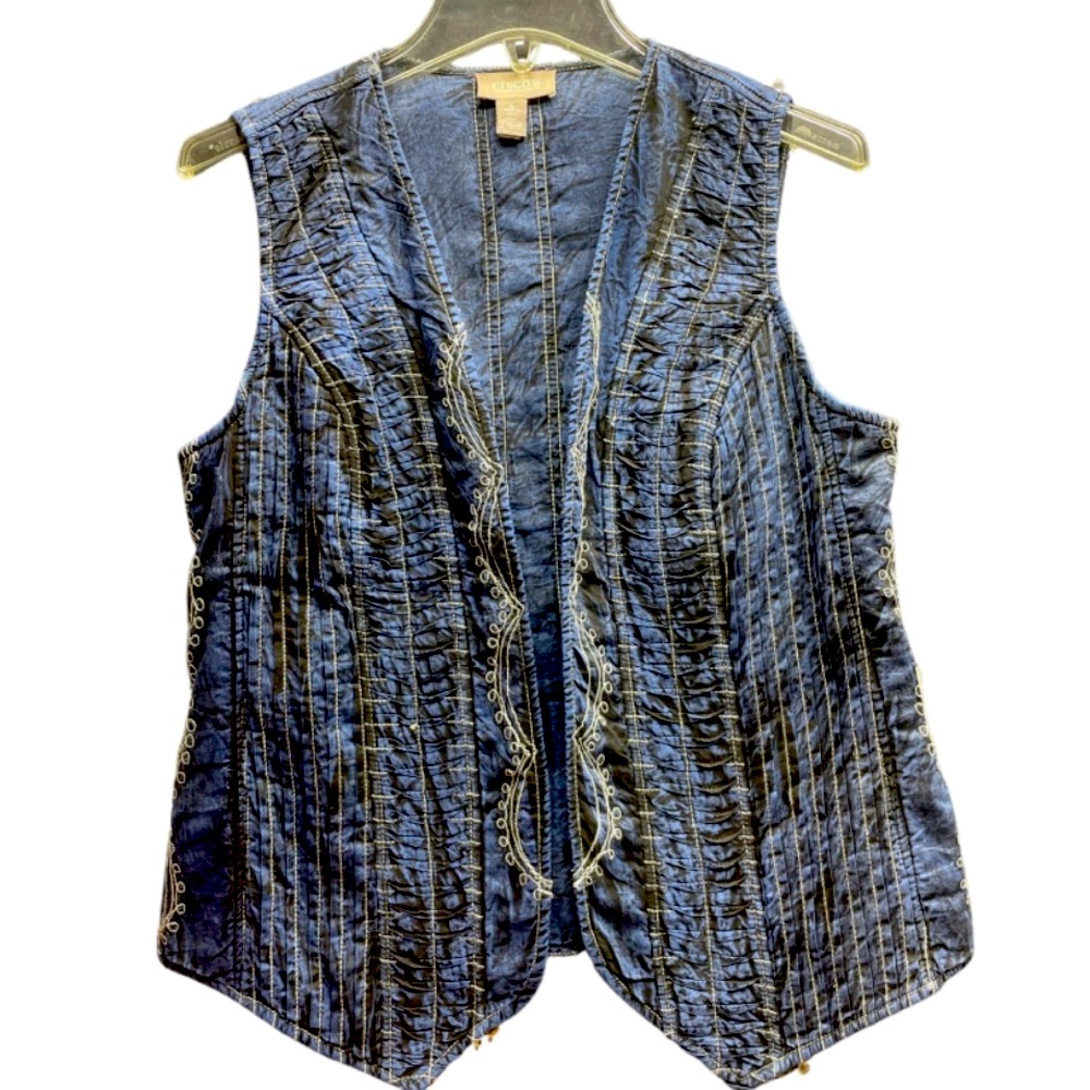 Chico’s Denim-Look Blue Black White Embroidered Pleated Open Front Vest Sz 0 (S)